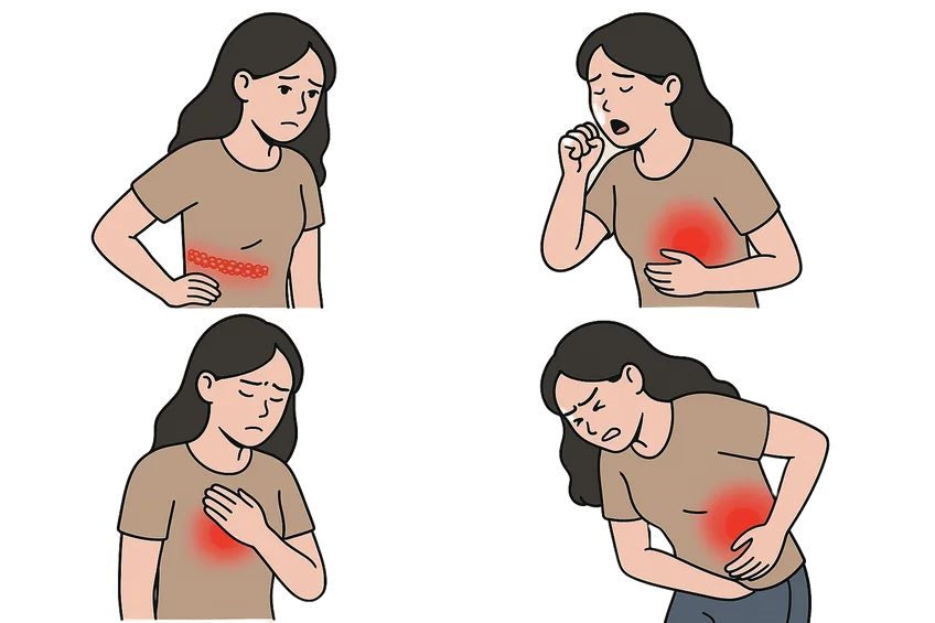 대상포진, 폐렴, 늑막염, 기흉 등으로 인해 오른쪽 옆구리 통증을 겪는 여성의 다양한 증상 표현 일러스트