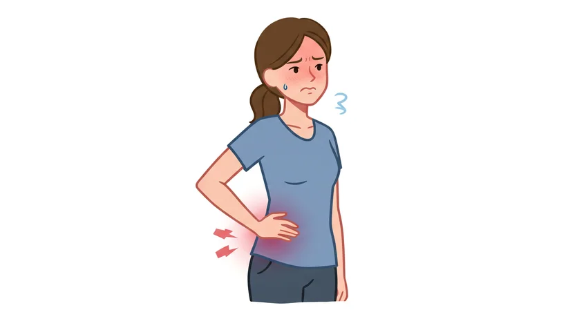 열이 나면서 오른쪽 옆구리를 붙잡고 있는 여성 일러스트 – 응급 증상 표현