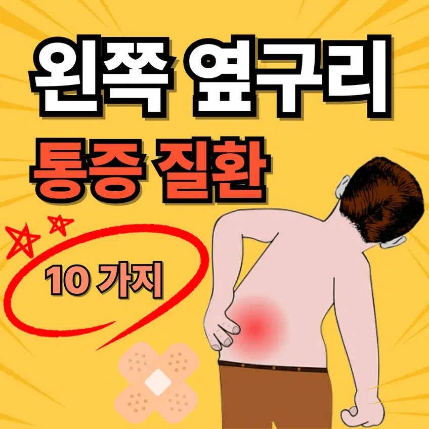 왼쪽 옆구리 통증과 관련된 질환 10가지를 설명하는 썸네일 이미지, 통증 부위를 짚는 남성 그림과 강조된 텍스트 포함