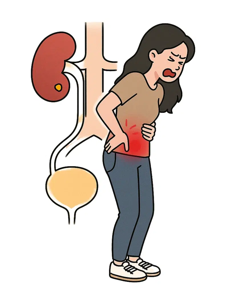 요로결석과 신우신염으로 인한 옆구리 통증을 표현한 일러스트. 여성의 신체에 통증 부위를 강조하고, 신장 및 요로계 해부 구조가 함께 나타남.