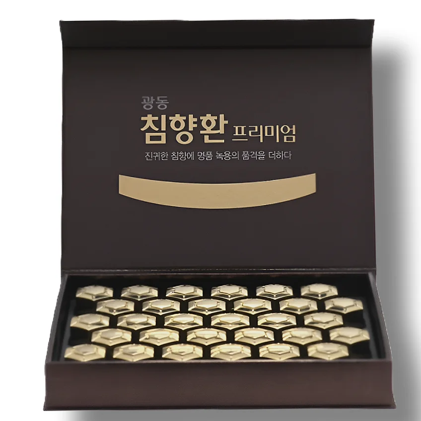 광동제약의 침향환 프리미엄 제품 사진. 침향을 주원료로 한 기타가공품으로, 건강기능식품이 아닌 일반식품임을 보여주는 제품 이미지