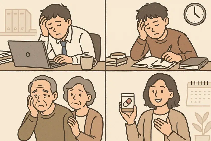 침향환이 도움이 될 수 있는 대상자별 상황을 묘사한 이미지: 책상 앞 수험생, 피로한 직장인, 기력이 약해진 중장년층, 건강을 챙기는 환절기 여성 등을 한 장에 표현한 그림