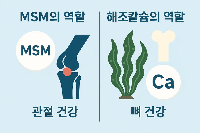 MSM과 해조칼슘의 역할을 설명하는 인포그래픽, MSM은 관절 건강, 해조칼슘은 뼈 건강에 도움을 줄 수 있음