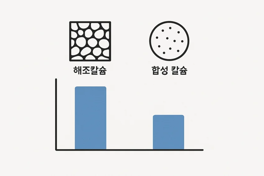해조칼슘과 합성 칼슘의 다공질 구조 및 흡수율 차이를 비교한 시각 자료
