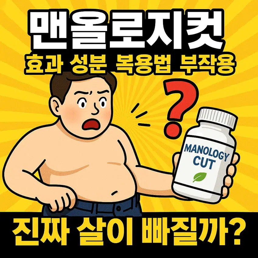 맨올로지컷의 효과, 성분, 복용법, 부작용을 궁금해하는 남성 일러스트와 '진짜 살이 빠질까?'라는 문구가 강조된 다이어트 건강기능식품 정보 이미지