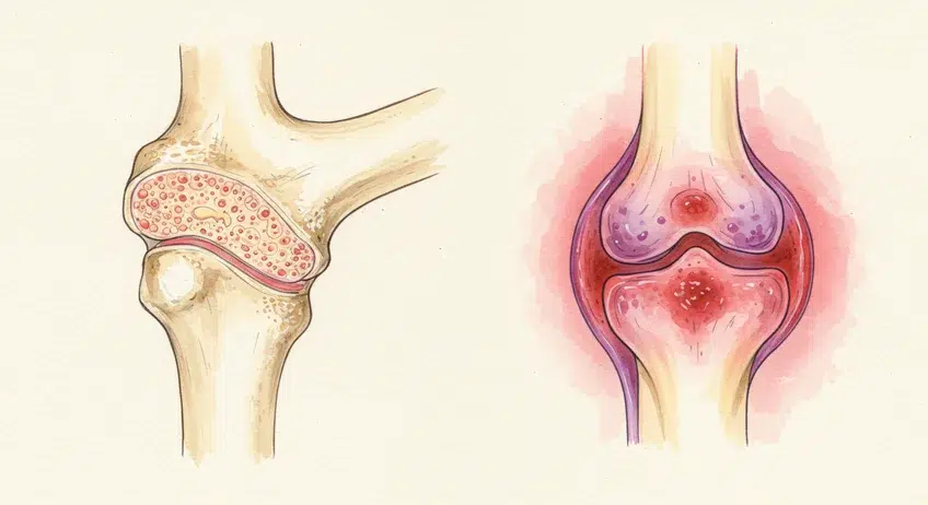 마가목 효능을 설명하는 시각자료로, 튼튼한 뼈와 약한 뼈 또는 관절염 뼈를 비교하고, 조골세포가 생성되어 뼈가 형성되는 과정을 간단히 보여주는 이미지. 관절 통증 완화 효과를 시각적으로 표현