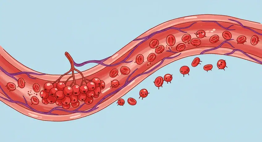 마가목 열매가 혈액순환을 도와줄 수 있다고 전해지는 내용을 시각적으로 표현한 이미지로, 건강한 혈관 속을 흐르는 혈류와 마가목 열매가 함께 등장하며, 전통적으로 어혈을 풀고 피를 맑게 한다는 의미를 담은 구성