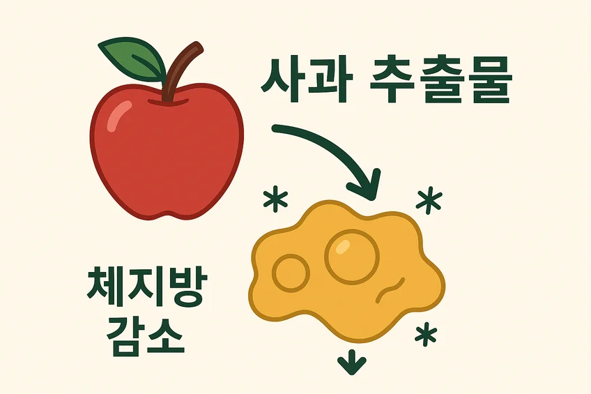 사과 추출물 애플페논이 체지방 감소에 도움을 줄 수 있는 과학적 기전을 시각적으로 표현한 인포그래픽 이미지
