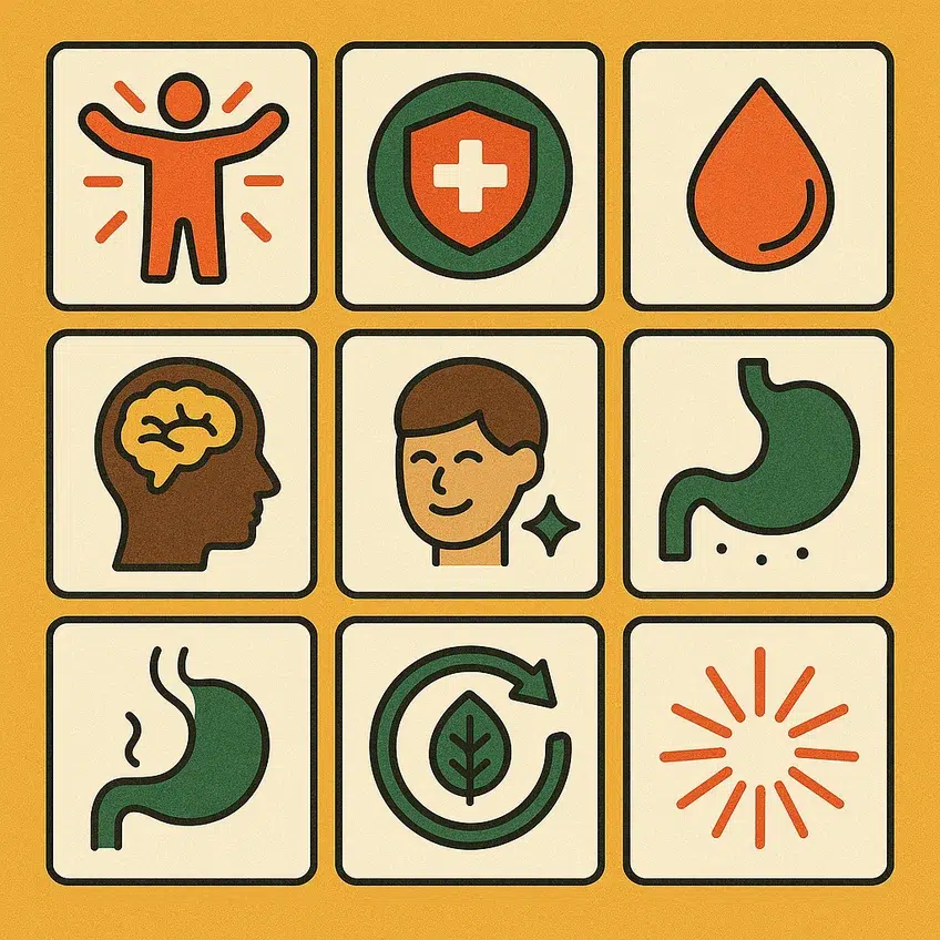 광동 침향환의 기력 회복, 면역력 강화, 혈액 순환, 뇌 건강, 스트레스 완화, 소화 기능 개선, 항산화 효과를 상징하는 아이콘 인포그래픽