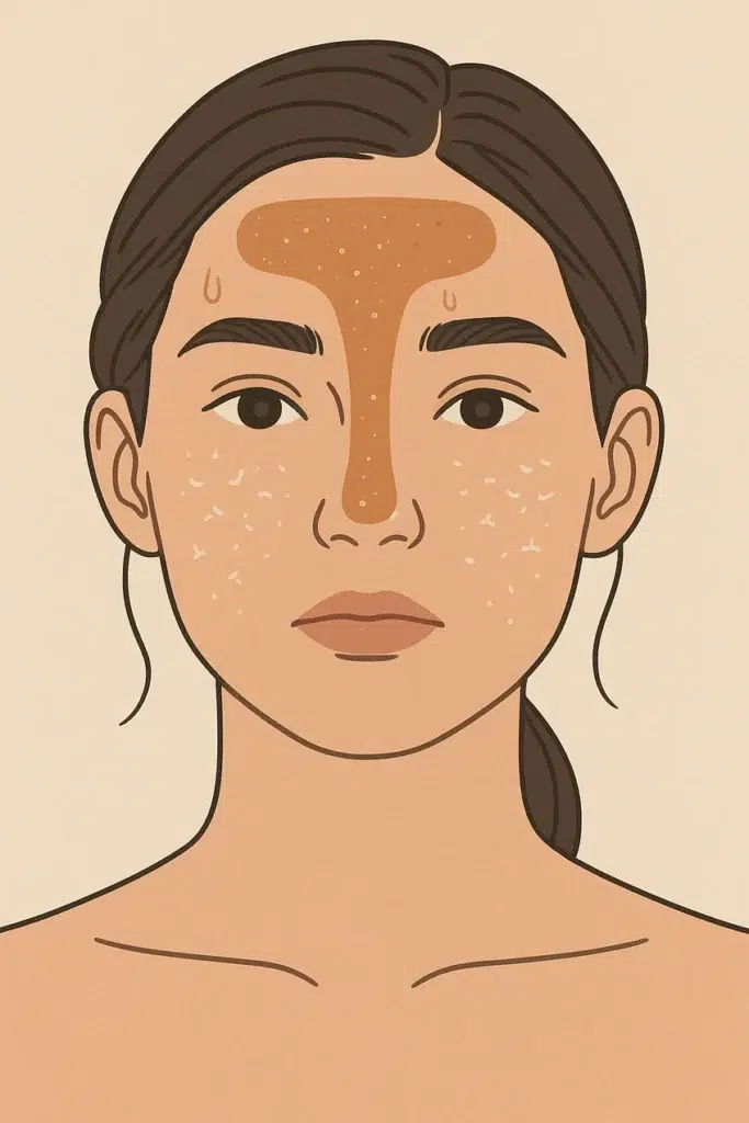 수분 부족형 지성 피부 타입을 나타낸 일러스트 이미지. T존은 유분기로 번들거리고, U존은 건조하고 각질이 일어난 얼굴 표현.