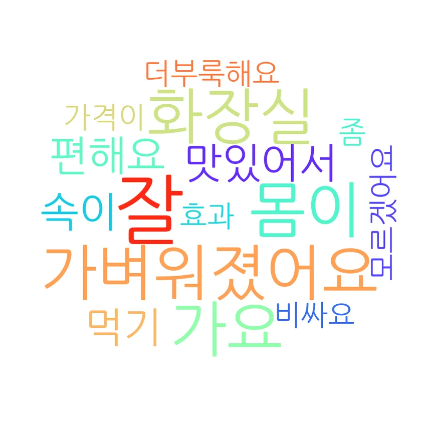 톡스올로지 클렌즈 제품에 대한 온라인 후기 워드클라우드 – 효과, 화장실, 맛, 붓기, 가스, 설사, 가격 등 다양한 소비자 경험이 시각화됨