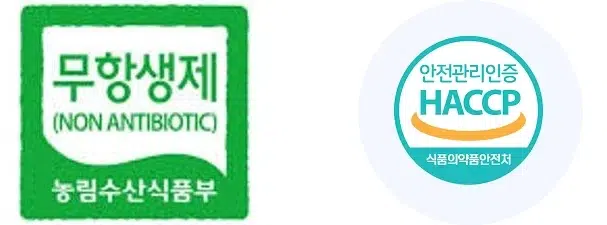 매포흑염소의 HACCP 및 무항생제 2가지 핵심 인증을 시각적으로 요약한 인포그래픽. 각 인증 마크와 함께 신뢰도를 높이는 핵심 설명 문구 포함