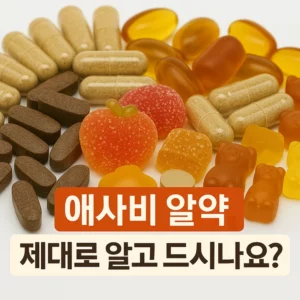 다양한 애플사이다비니거 보충제(알약, 캡슐, 구미 등)가 배열된 이미지 위에 '애사비 알약, 제대로 알고 드시나요?'라는 문구가 디자인된 썸네일