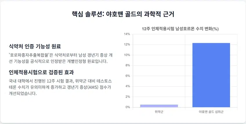 야호맨 골드의 과학적 근거를 설명하는 이미지. 식약처 인증 내용과 함께, 12주 인체적용시험 결과 야호맨 골드 섭취군이 위약군 대비 남성호르몬 수치가 12.3% 유의미하게 증가했음을 보여주는 막대 그래프.
