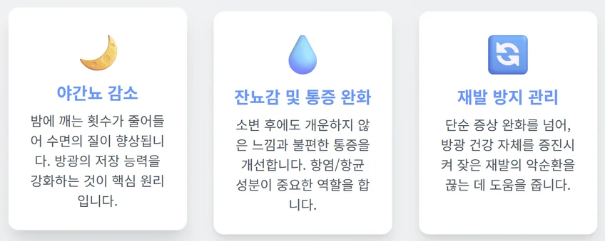 요습관의 3가지 핵심 효능을 정리한 인포그래픽. 야간뇨 감소, 잔뇨감 및 통증 완화, 재발 방지 관리에 대한 내용이 아이콘과 함께 설명되어 있습니다.