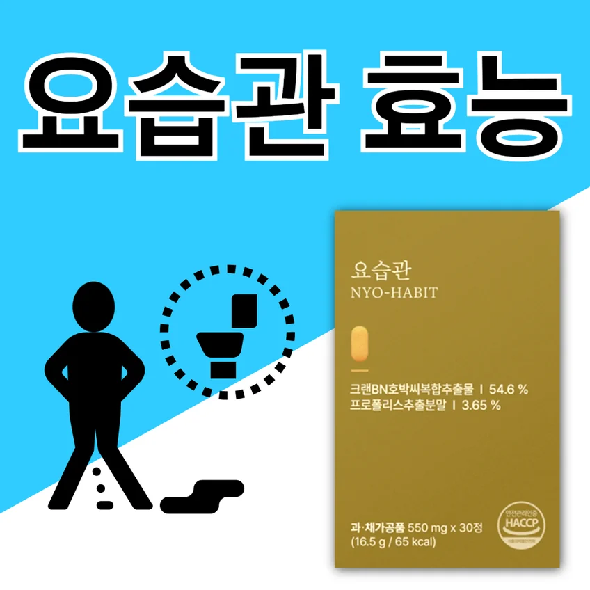 요습관 효능을 나타내는 썸네일 이미지. 요의를 느끼는 사람 아이콘과 요습관 제품 사진이 함께 있습니다.