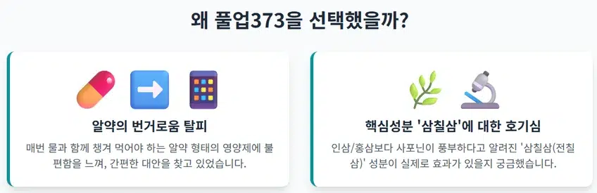 풀업373을 선택한 이유를 설명하는 인포그래픽. 알약의 번거로움과 핵심 성분인 삼칠삼에 대한 호기심이라는 두 가지 이유를 보여주는 이미지.