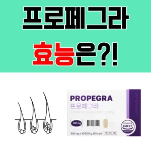 프로페그라 효능에 대해 질문하는 문구와 제품 사진, 모발 그림이 있는 이미지