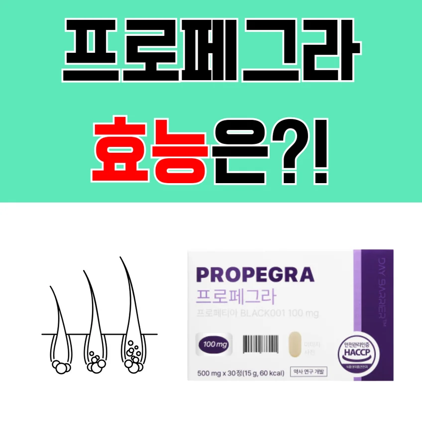 프로페그라 효능에 대해 질문하는 문구와 제품 사진, 모발 그림이 있는 이미지