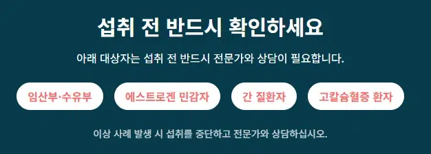 플로라필 섭취 전 주의사항을 안내하는 인포그래픽. 임산부·수유부, 에스트로겐 민감자, 간 질환자, 고칼슘혈증 환자는 섭취 전 전문가 상담이 필요함을 강조하고 있습니다.