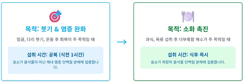 마이디데이 브로멜라인 목적별 복용법 비교. 붓기 및 염증 완화 목적은 공복(식전 1시간) 섭취, 소화 촉진 목적은 식후 즉시 섭취.
