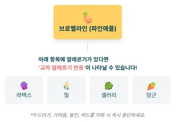 마이디데이 브로멜라인 알레르기 교차 반응 경고. 파인애플, 라텍스, 밀, 셀러리, 당근 알레르기가 있는 경우 주의.